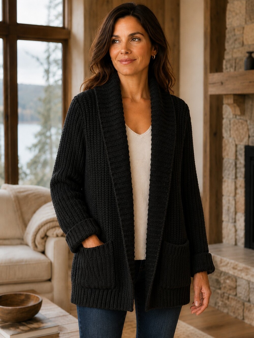 J.Crew Black Chunky Cotton Shawl Collar Cardigan Sweater Size S